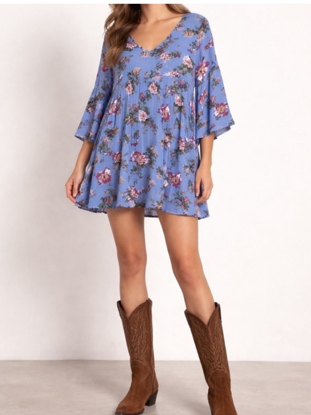 NATURAL LIFE Light Blue Floral V-Neck Babydoll Mini Dress